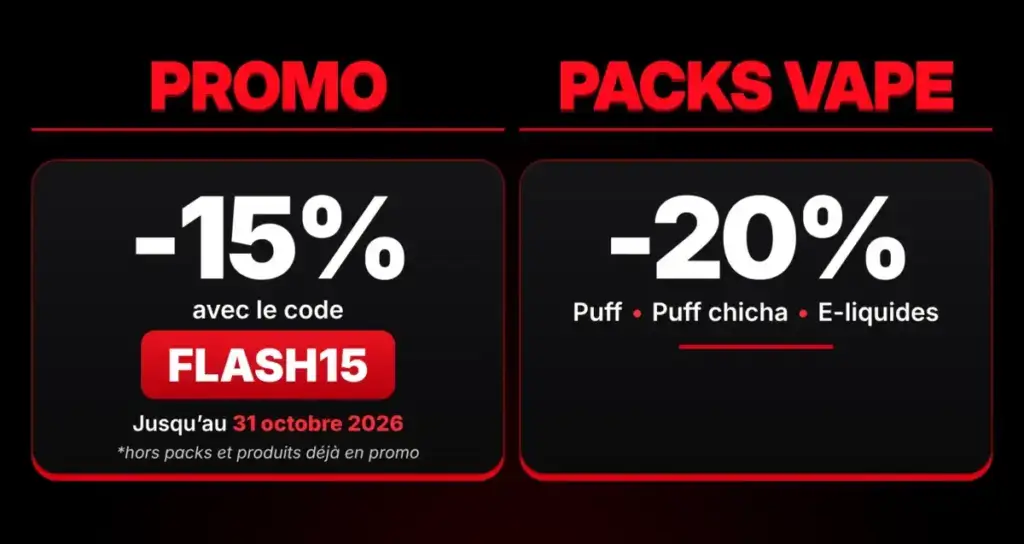 Promotion NarguiStore : -15 % avec le code FLASH15 jusqu’au 31 octobre 2026, hors packs et produits déjà en promotion. Packs vape puff, puff chicha et e-liquides à -20 %